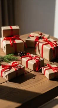 Festive scene of elegant gift boxes with red ribbons on a wooden table under Illustrazione stock
