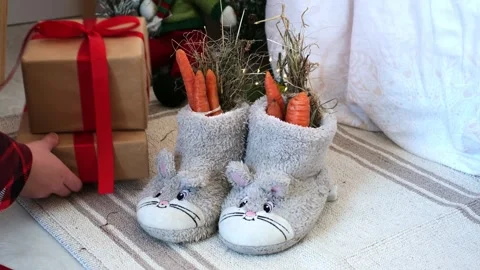 Festive scene featuring cozy slippers filled with carrots and hay, surrounded by Stock Footage 318717609