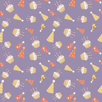 Festive seamless birthday pattern with multi-coloured hubcaps and cake Stock Illustration