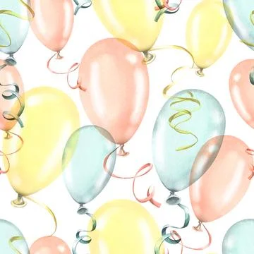 Festive, seamless pattern with balloons of yellow, blue and pink colors on a Stock Illustration