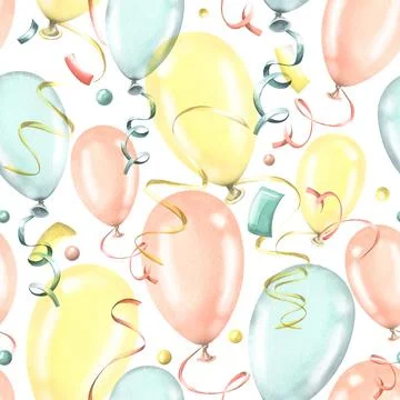 Festive, seamless pattern with balloons of yellow, blue and pink colors on a Stock Illustration
