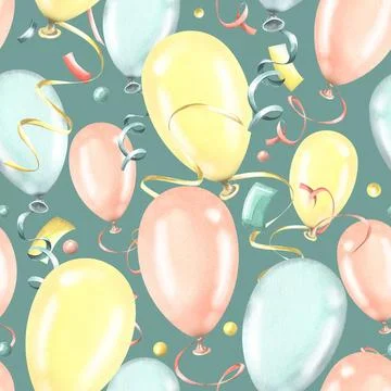 Festive, seamless pattern with balloons of yellow, blue and pink colors on a Stock-Illustration