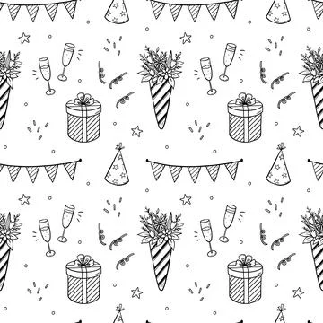 Festive seamless pattern with bouquets of flowers, gifts and champagne Stock Illustration