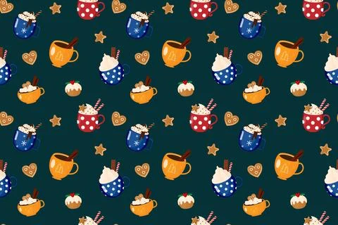 Festive seamless pattern for Christmas and New Year with colorful cups, gin.. Illustrazione stock