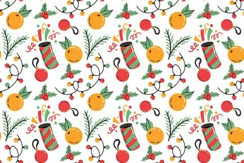 Festive seamless pattern with Christmas decorations. Garlands and firecracker Illustrazione stock