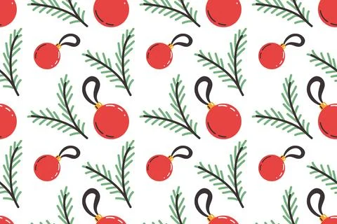 Festive seamless pattern with Christmas tree decorations and fir branches. Illustrazione stock