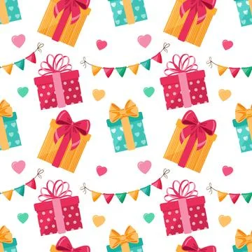 A festive seamless pattern of colorful gift boxes,flags and hearts Stock Illustration