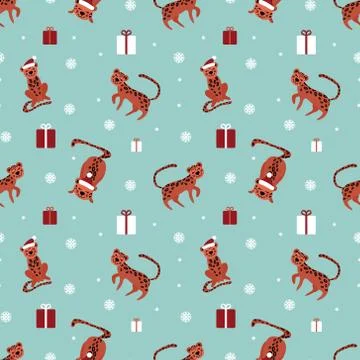 Festive seamless pattern with cute leopards Stock Illustration