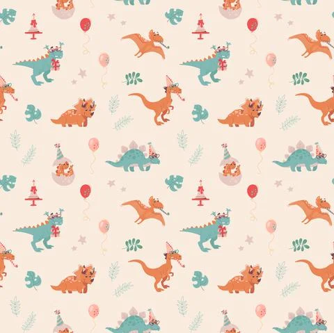 Festive seamless pattern with dinosaurs. Velocepator, triceraptor, stegosaurus Stock Illustration