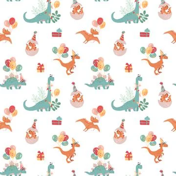 Festive seamless pattern with dinosaurs. Velocepator, brontosaurus, stegosaurus Stock Illustration