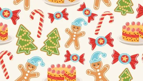 Festive seamless pattern featuring Christmas treats like cakes, gingerbread,  Stock Illustration