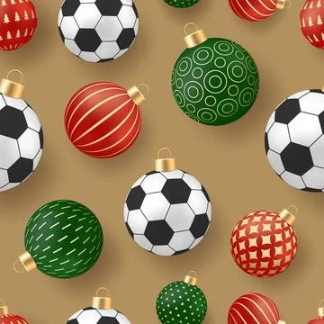 Festive seamless pattern featuring Christmas baubles and soccer ball orname.. Stock Illustration