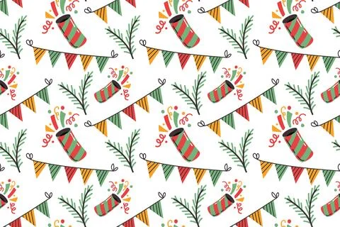 Festive seamless pattern with firecrackers and garlands. Hand-drawn illustrat Stock Illustration