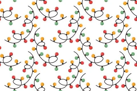 Festive seamless pattern with garlands. Multicolored bulbs in a flat style. Stock Illustration