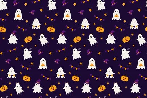 Festive seamless pattern for Halloween with cute ghosts, stars and pumpkin... Stock Illustration