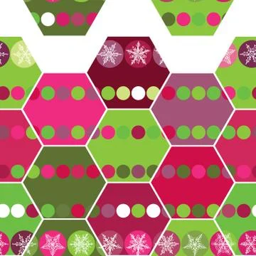 Festive seamless pattern hexagon and christmas snowflakes. pink, purple, gree Stock Illustration