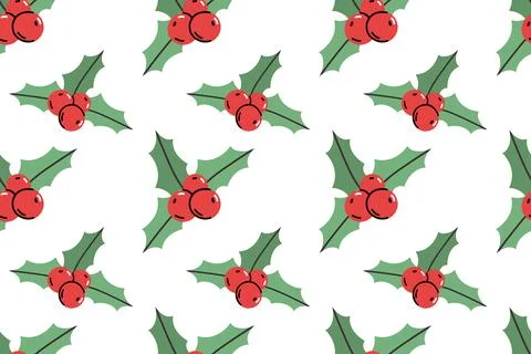 Festive seamless pattern with holly. Green leaves, berries in a flat style. Stock Illustration