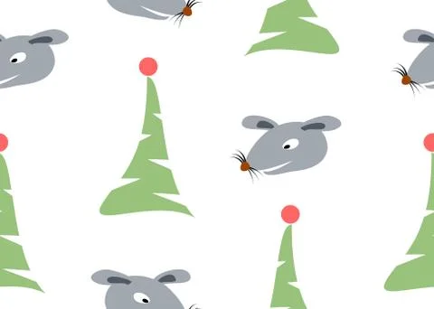 Festive seamless pattern with rat and Christmas tree on a light background for Stock Illustration