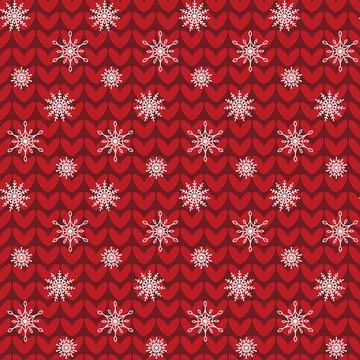 Festive seamless pattern of snowflakes on a red knitted background. Design .. Stock Illustration