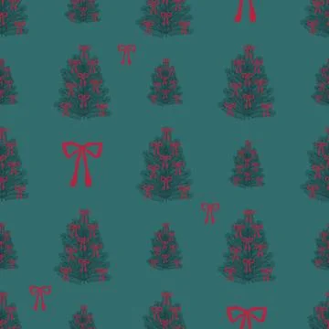 Festive seamless pattern with stylized Christmas trees and red bows on teal.. Stock Illustration