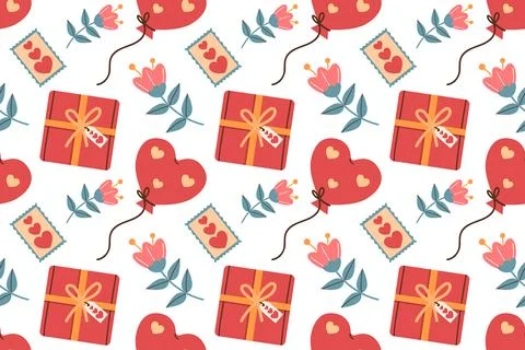 Festive seamless pattern for Valentine's Day. Gift, and heart-shaped balloon. Stock Illustration