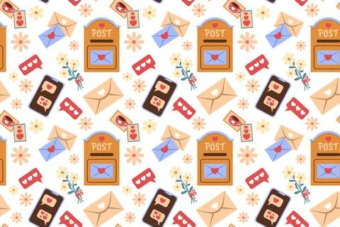 Festive seamless pattern for Valentine's Day with hearts, love letters, and a Stock Illustration