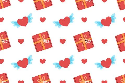 Festive seamless pattern for Valentine's Day with gift boxes and hearts. Stock Illustration