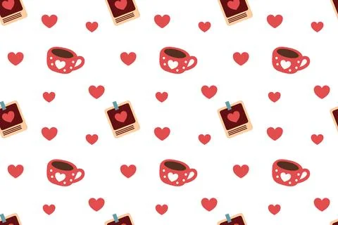 Festive seamless pattern for Valentine's Day with hearts and coffee cups. Stock Illustration