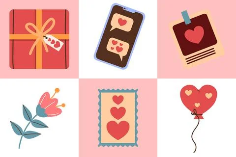 Festive seamless pattern for Valentine's Day. Flower, gift, heart-shaped ba.. 스톡 일러스트