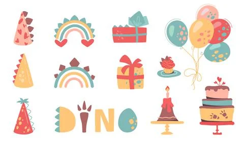 Festive set for a birthday party. Vector collection of hats, gifts, rainbows Stock Illustration