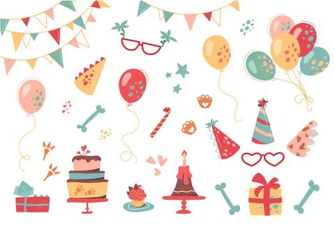 Festive set for birthday. Vector collection of hats, gifts, buntings, cakes Stock Illustration
