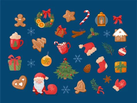 Festive set of Christmas vector illustrations in cartoon style. Isolated on blue Stock Illustration