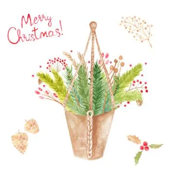 A Festive set of merry Christmas elements Hanging pot macrame composition of Stock Illustration