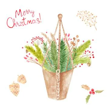A Festive set of merry Christmas elements Hanging pot macrame composition of Stock Illustration