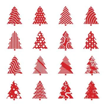 A festive set of red Christmas tree icons with creative geometric and patte.. Stock Illustration