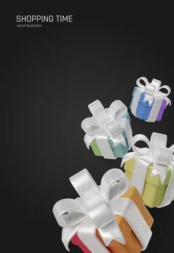 Festive shopping background with multicolored present boxes tied in glossy white Stock Illustration