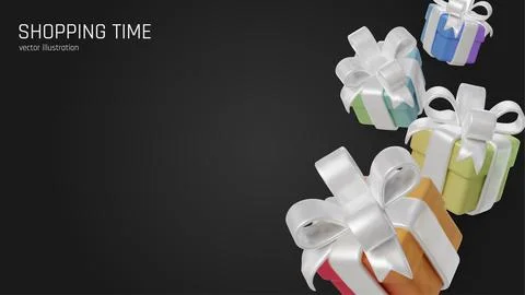 Festive shopping background with multicolored present boxes tied in glossy white Illustrazione stock