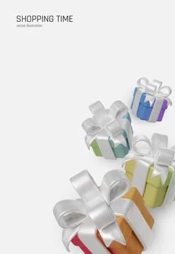 Festive shopping background with multicolored present boxes tied in glossy white Stock Illustration