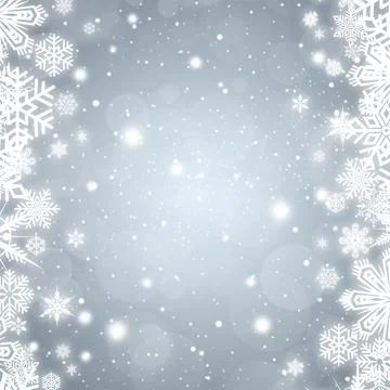 Festive silver bokeh background with a border of white snowflakes Stock Illustration