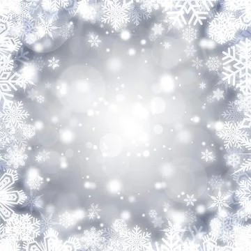 Festive silver bokeh background with a frame of shiny white snowflakes Illustrazione stock