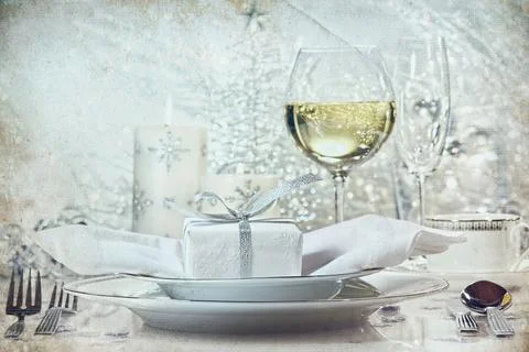 Festive silver dinner setting with vintage look for the holidays Stock Photos