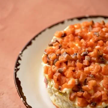 Festive Snack with red fish and vegetables. Pieces of salmon and carrot on clay Stock Photos