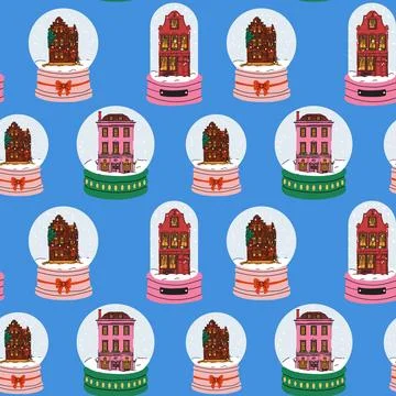 Festive snow globes featuring charming city houses Stock Illustration