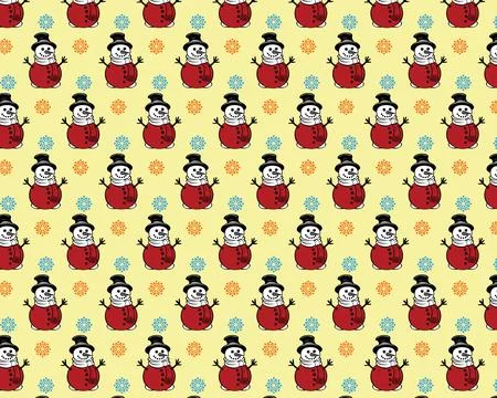 Festive Snowman Pattern with Blue and Orange Snowflakes on Pale Yellow Back.. Stock-Illustration