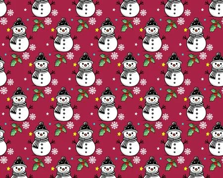 Festive Snowman Pattern with Holly and Stars on a Red Background Stock Illustration