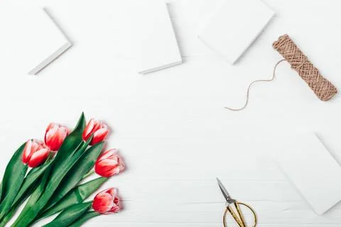 Festive spring flat lay frame of bouquet 库存照片