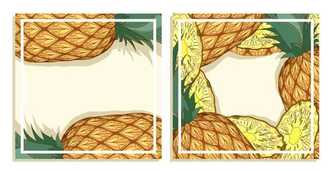 Festive square cards with pineapple fruit. Square templates for designing m.. Illustrazione stock