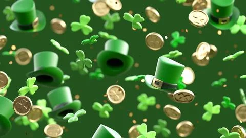 Festive St Patricks Day background with green leprechaun hats, shamrocks an.. 스톡 일러스트