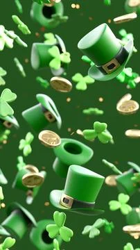 Festive St Patricks Day background with green leprechaun hats, shamrocks an.. Illustrazione stock