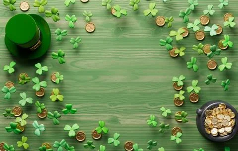 Festive St Patricks Day background with green leprechaun hat, pot of gold c.. Stock Illustration